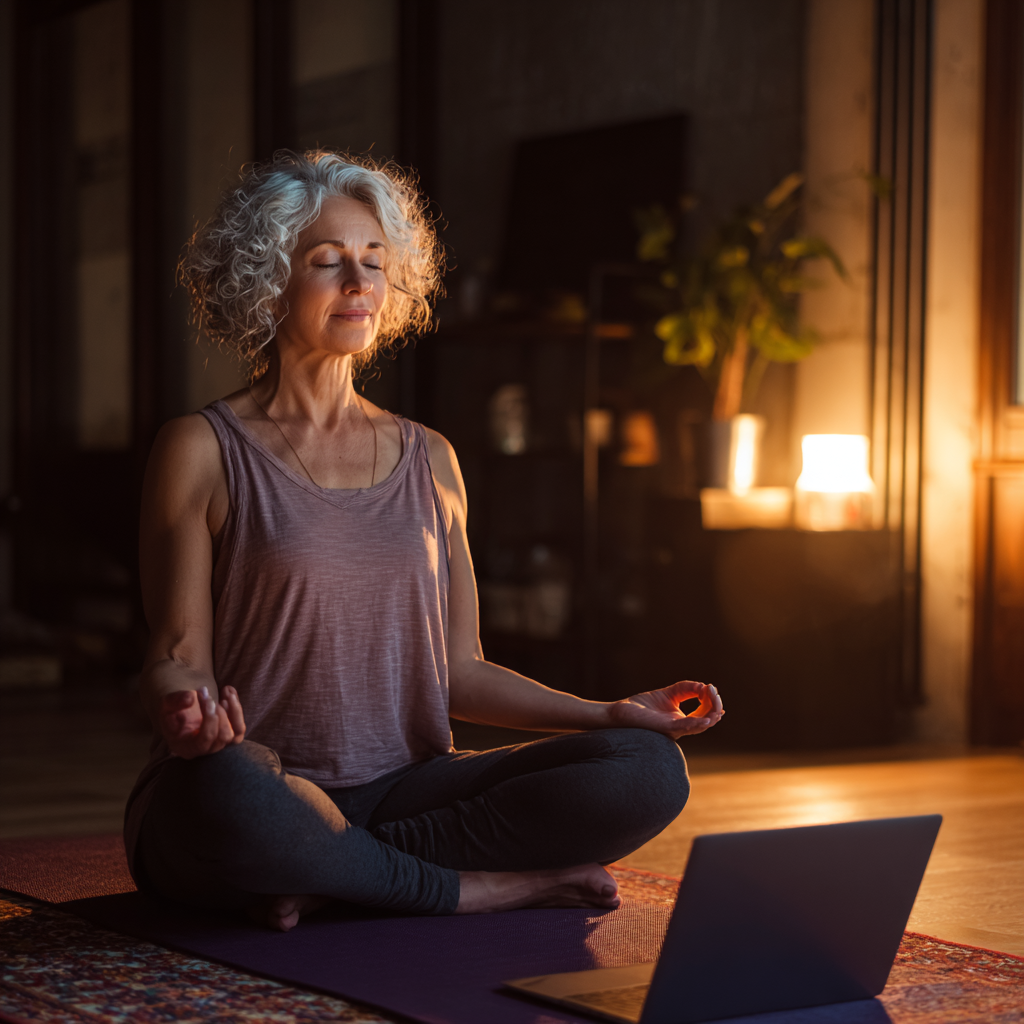 Жінка 52 років займається йогою вдома перед ноутбуком, слідуючи онлайн-інструкціям, створюючи затишну домашню студію