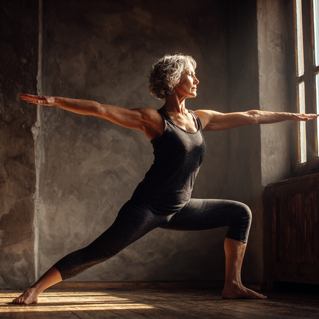 Жінка 55 років виконує асану йоги в студії з природним освітленням, демонструючи гнучкість та внутрішній спокій