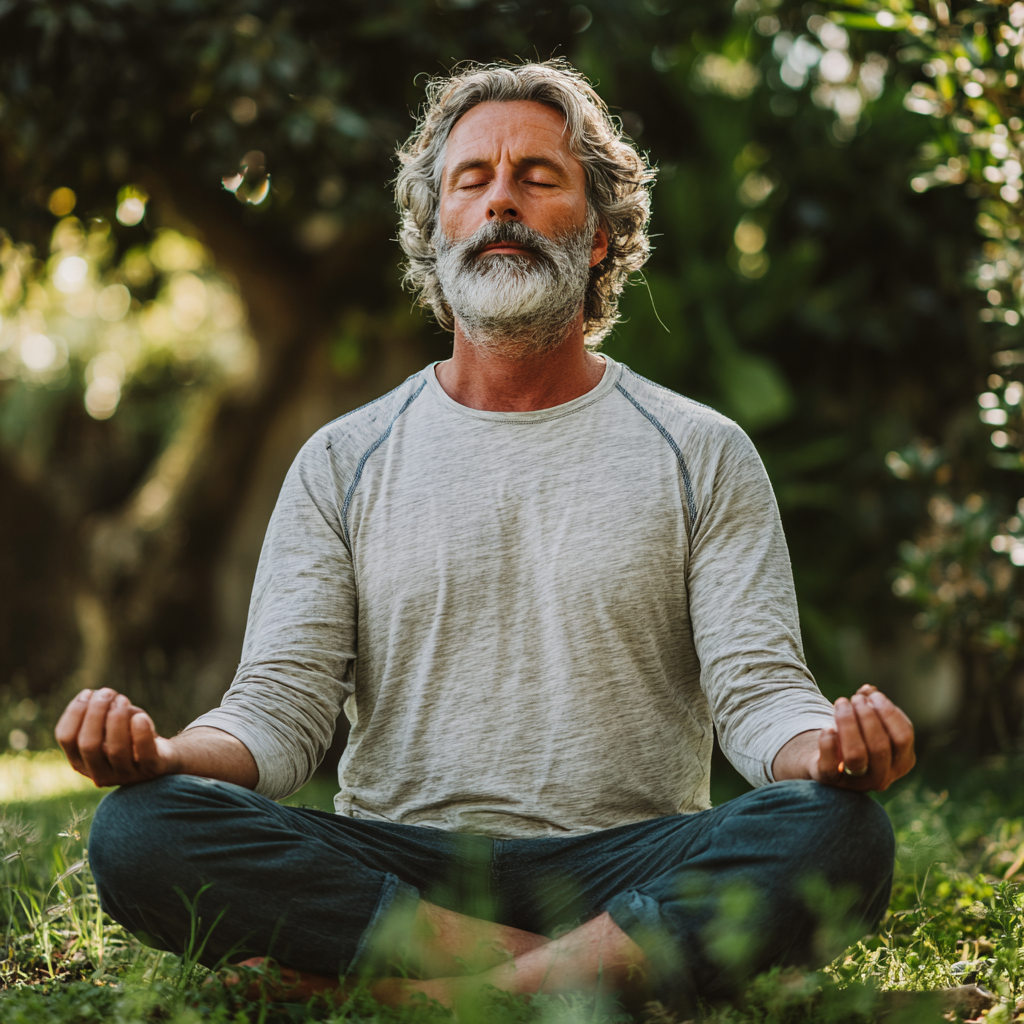 Чоловік 58 років медитує у позі лотоса на природі, оточений зеленню, демонструючи глибокий внутрішній спокій